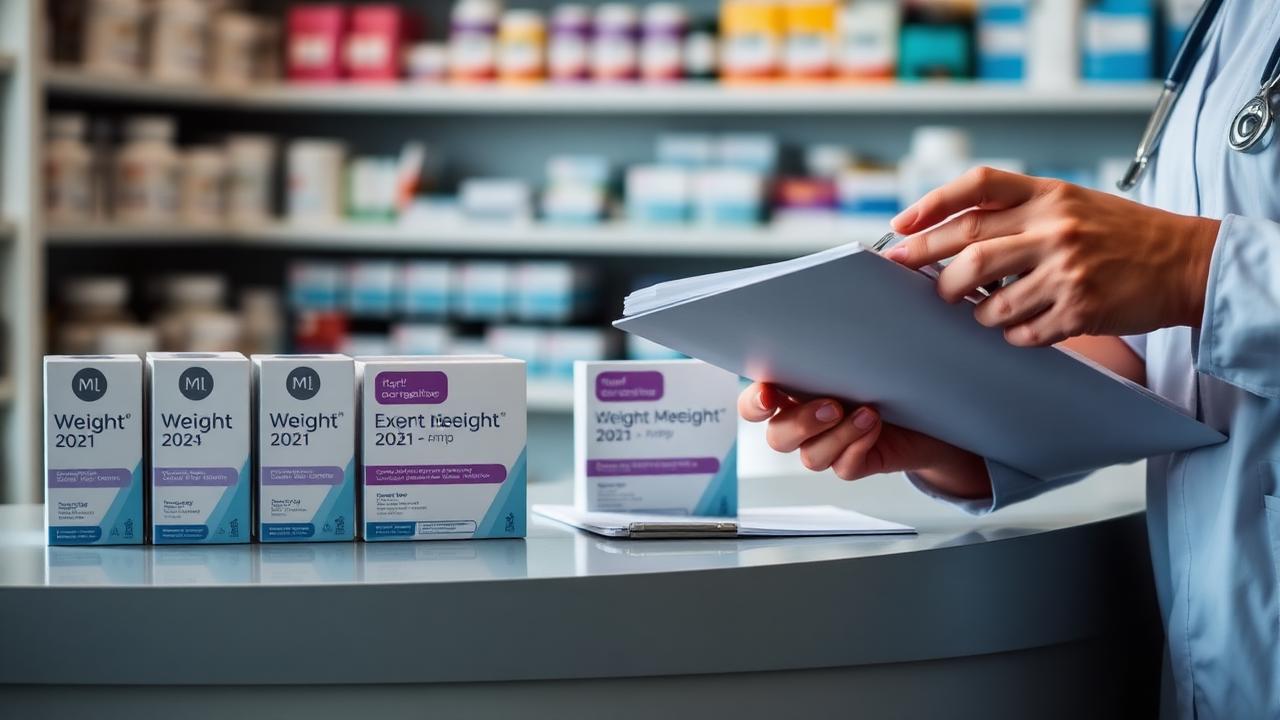 Pharmacist reviewing weight management dispensing records at a counter