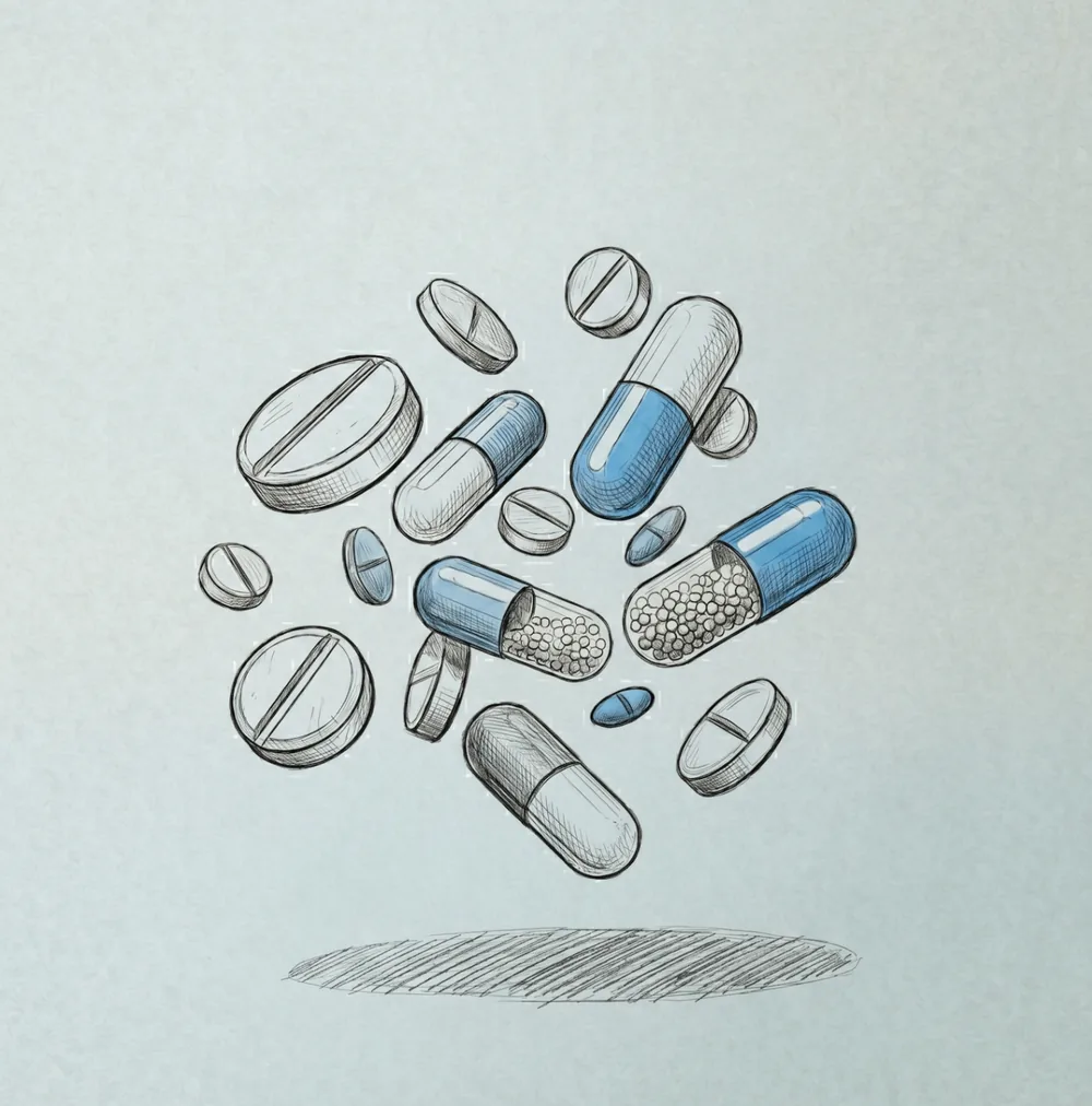 Sketch of ED medication pills and capsules