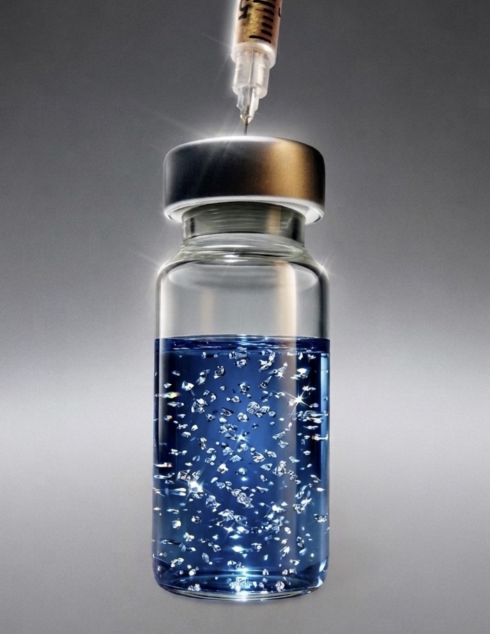 A glass vial with shimmering blue liquid and a syringe drawing from the cap