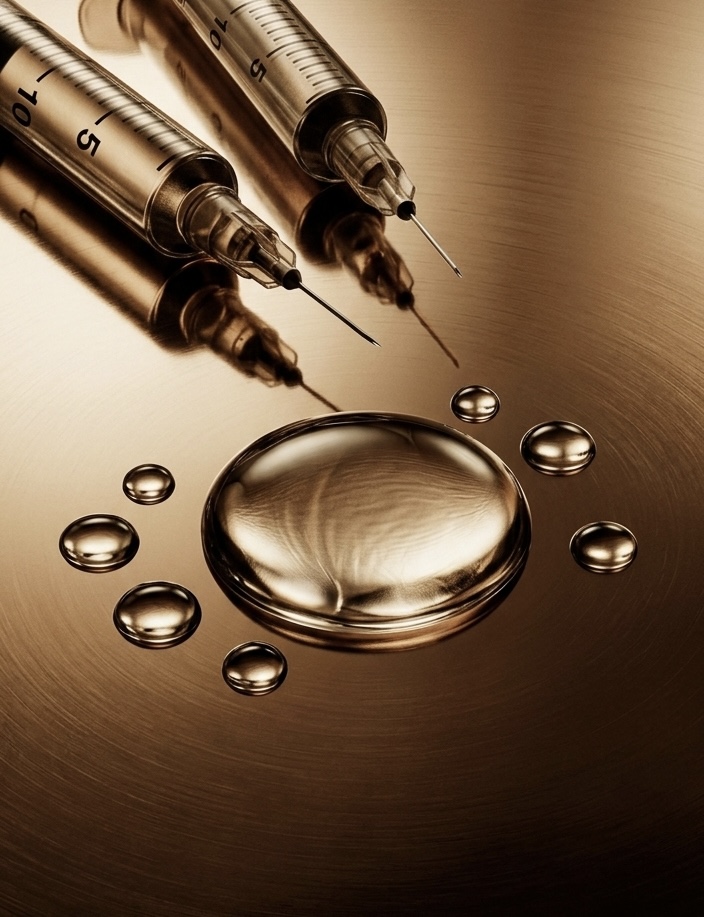 Two syringes on a bronze surface beside liquid droplets