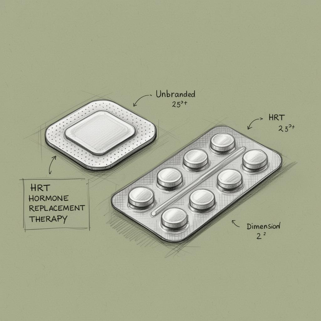 Sketch of HRT patch and tablets