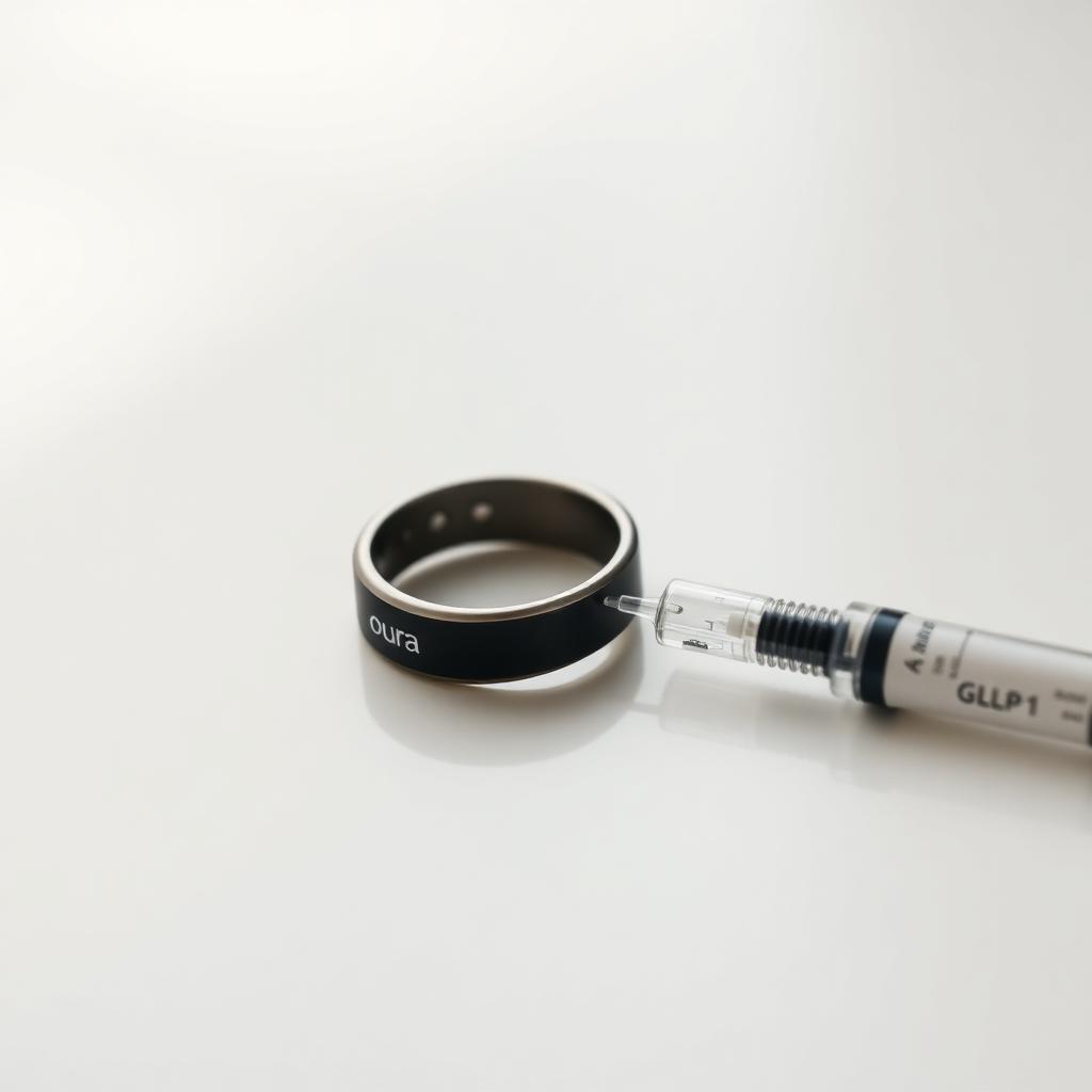An Oura smart ring next to a GLP-1 injection pen